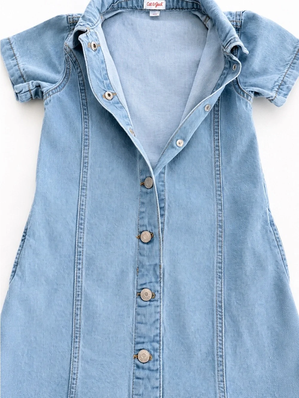 Cat & Jack Girls Denim Button Front Dress Size M 8 Light Wash Short Sleeve